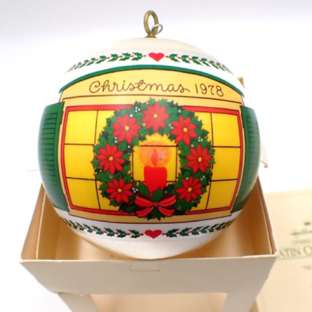 New in box Vintage 1978 White Satin Ornament for New Home with Wreath Poinsettia